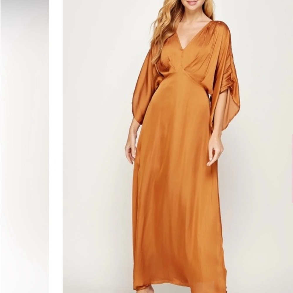 Satin Butterfly Sleeve and Deep V Dress